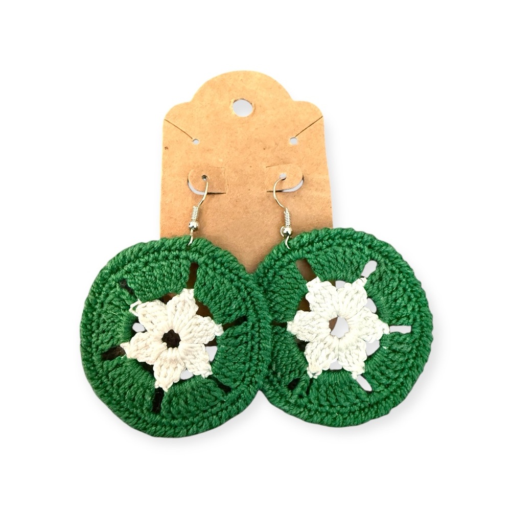 Hand Crafted Green and White Crochet Earrings